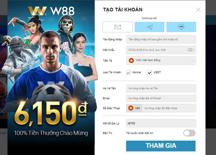 Hướng dẫn tạo tài khoản mới tại W88